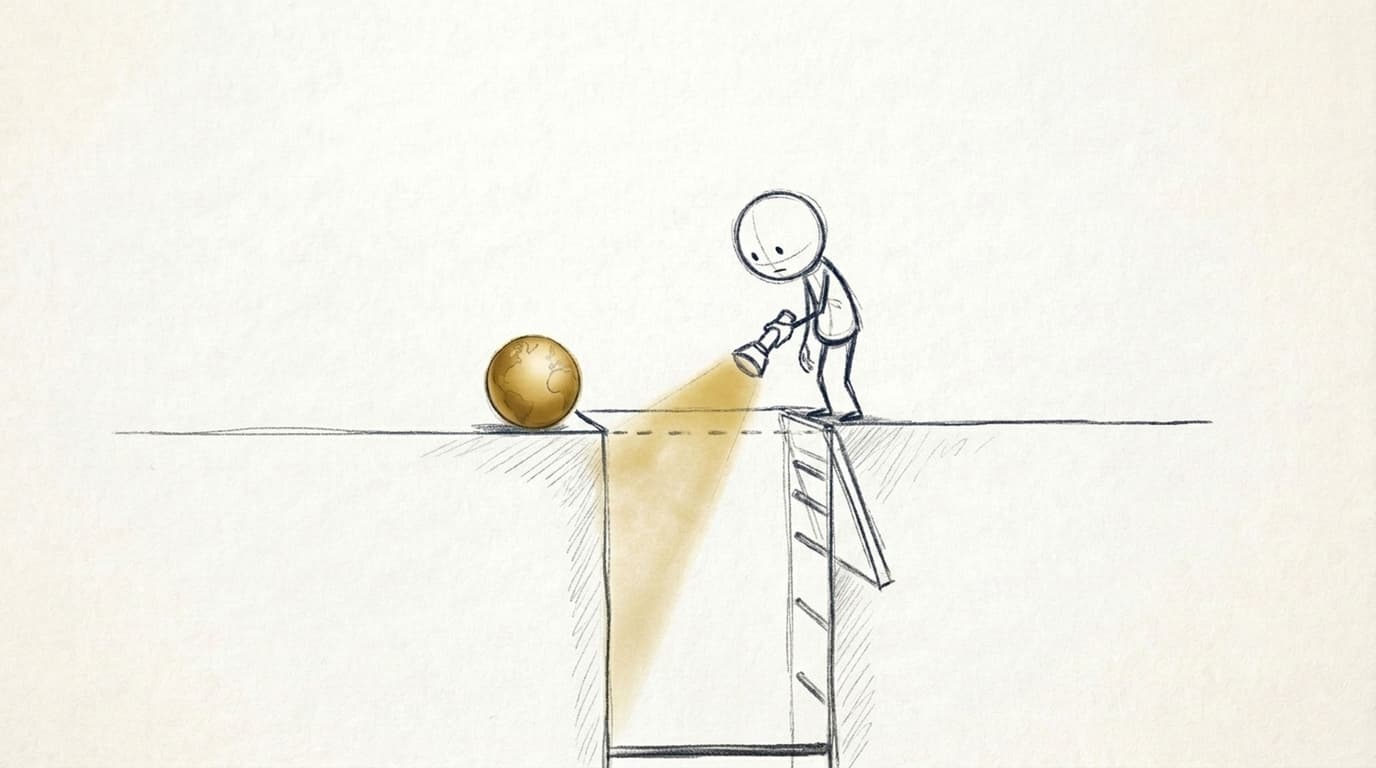 The Revealer shines a flashlight down the open shaft where a price floor used to be, a gold globe resting at its edge